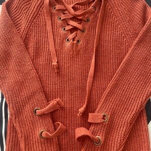 Women's Lace-Up Knit Sweater - Rust